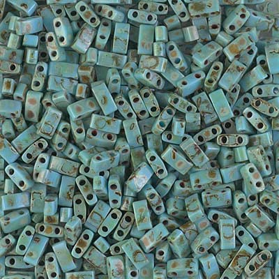50 Grams Miyuki Half Tila 1/2 Cut Bead 2.3x5mm Picasso Turquoise Blue Antique Glass Bulk Bag TLH4514-50